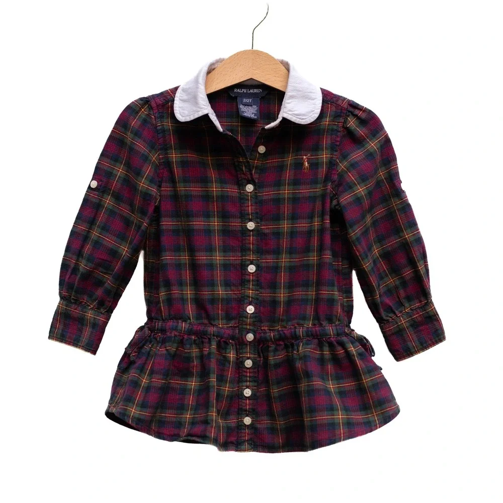 Ralph Lauren Shirt Dress Toddler 2T Tartan Plaid Peter Pan Collar Cinched Preppy